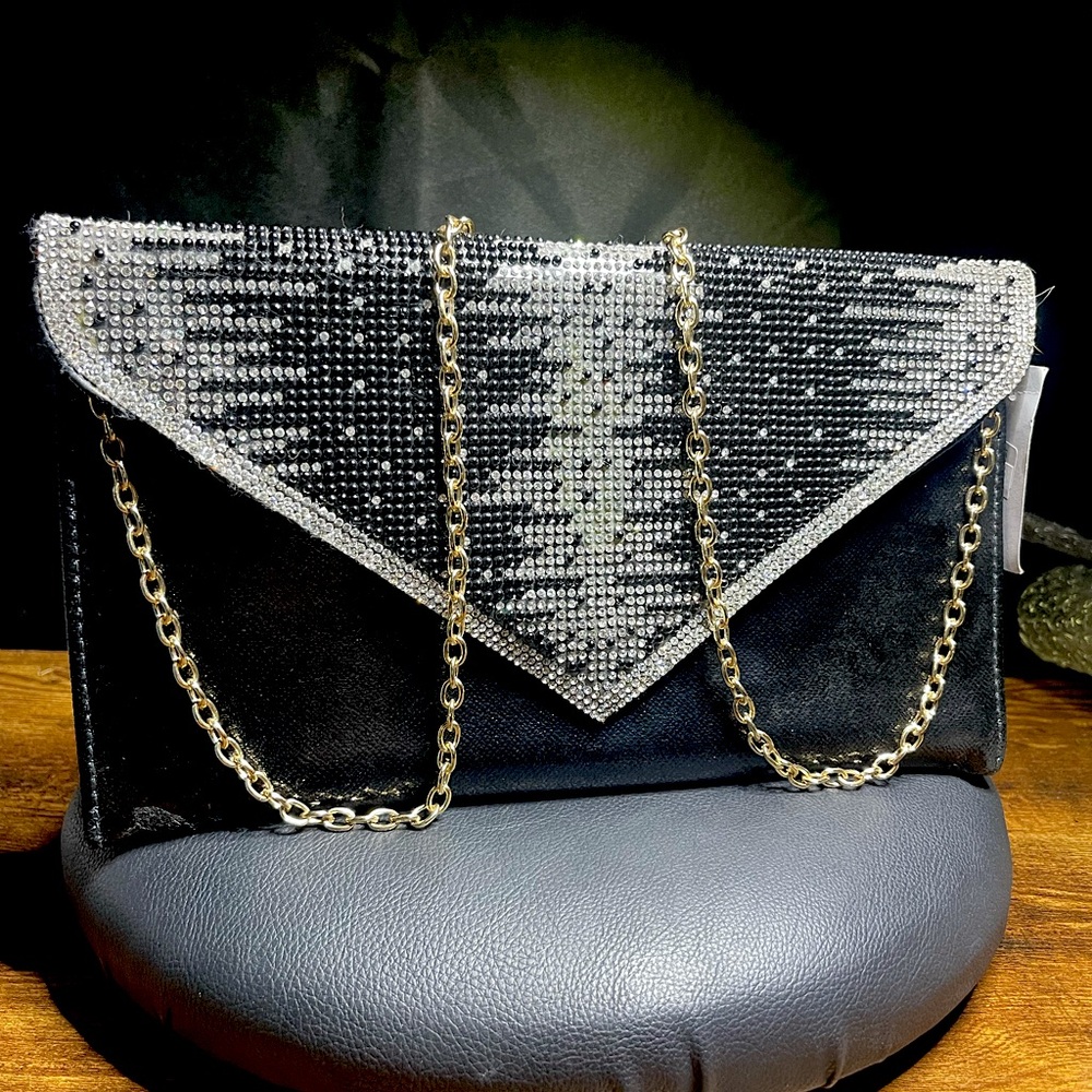 Elegant Black and Silver Clutch with Gold Chain